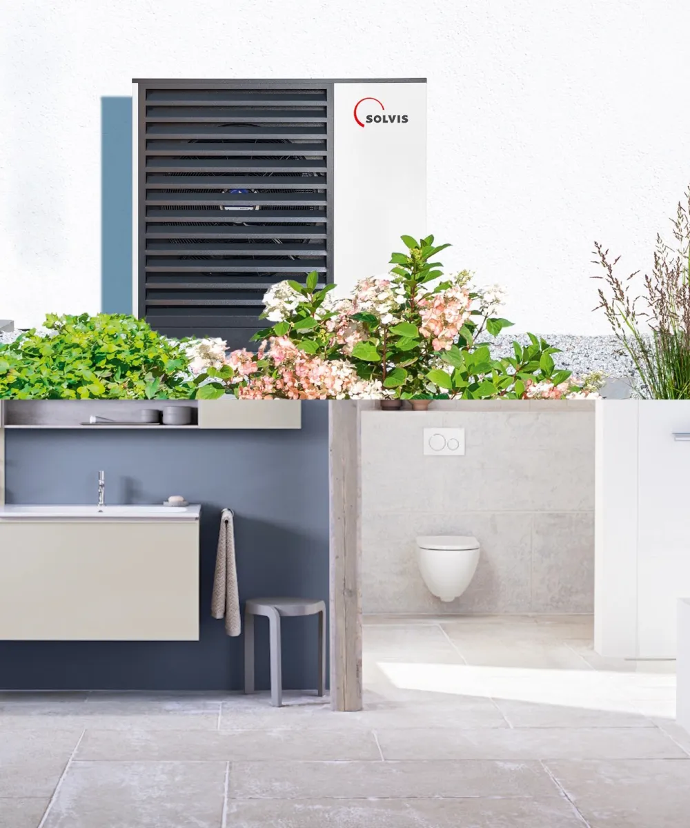Bildmontage Wärmepumpe SolvisMia und Badezimmer mit WC von Geberit.